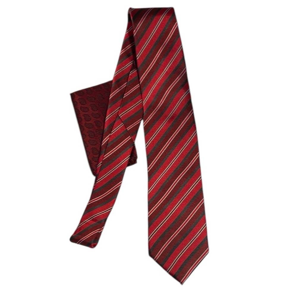 Euro Knot Goton oomo 100% silk red,‎ white and black striped tie. Pocket square.